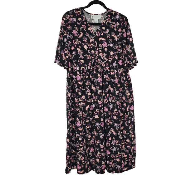 Ella Simone Midi Dress Womens L Black Pink Floral Whimsigoth 90s Cottagecore - Picture 1 of 10